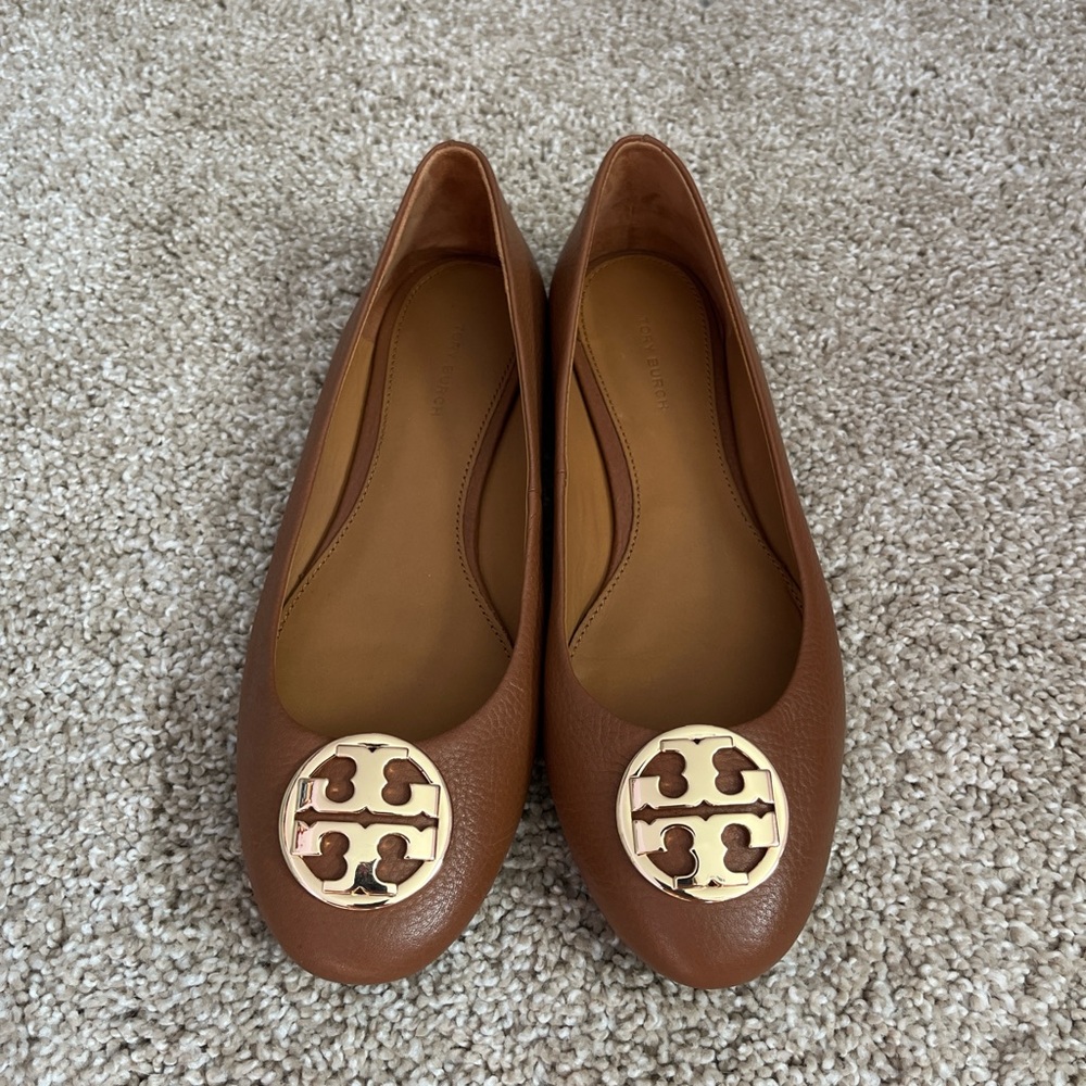 Tory Burch Brown Flats with Gold Logo